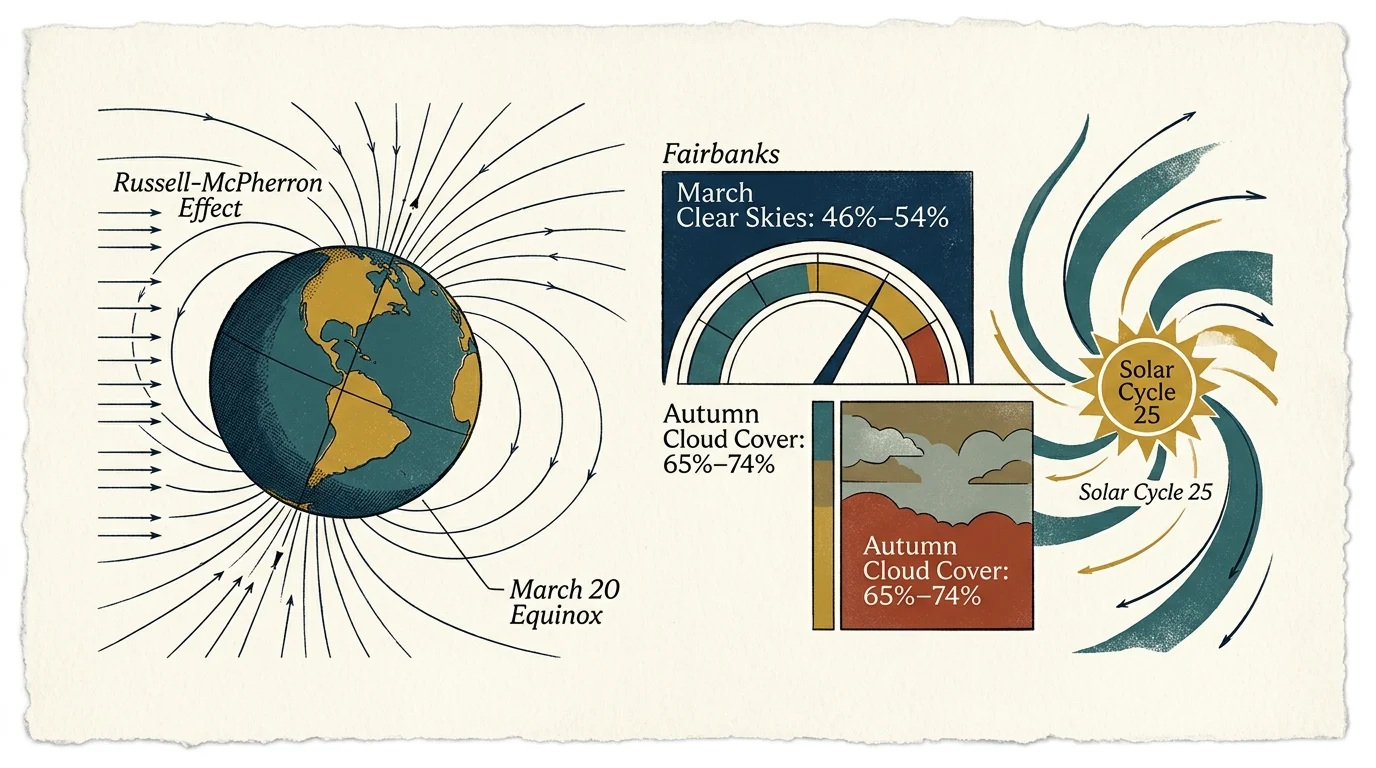 Scientific infographic showing the Russell-McPherron effect on Earth, Fairbanks cloud cover statistics, and Solar Cycle 25.