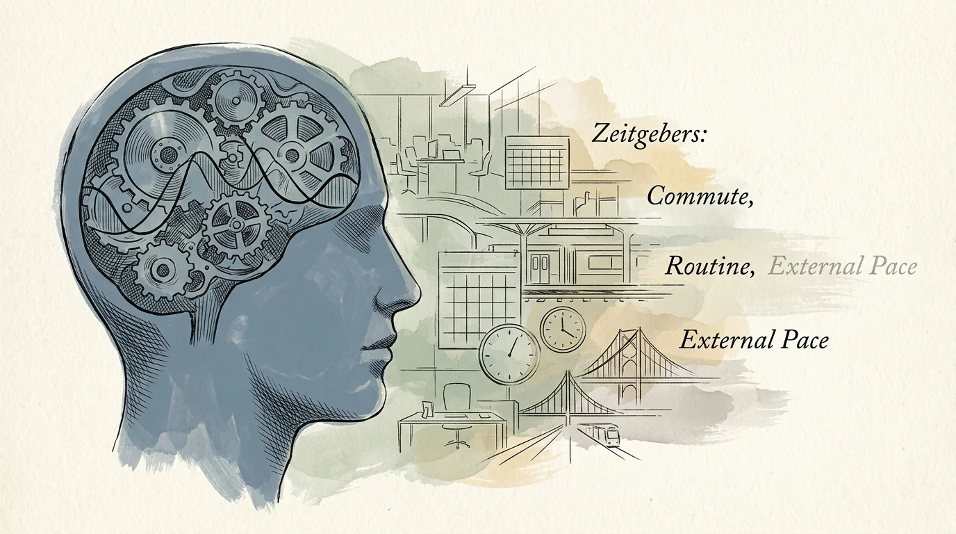 Profile head with brain gears beside sketches of office desks, clocks, train stations, and text reading Zeitgebers.