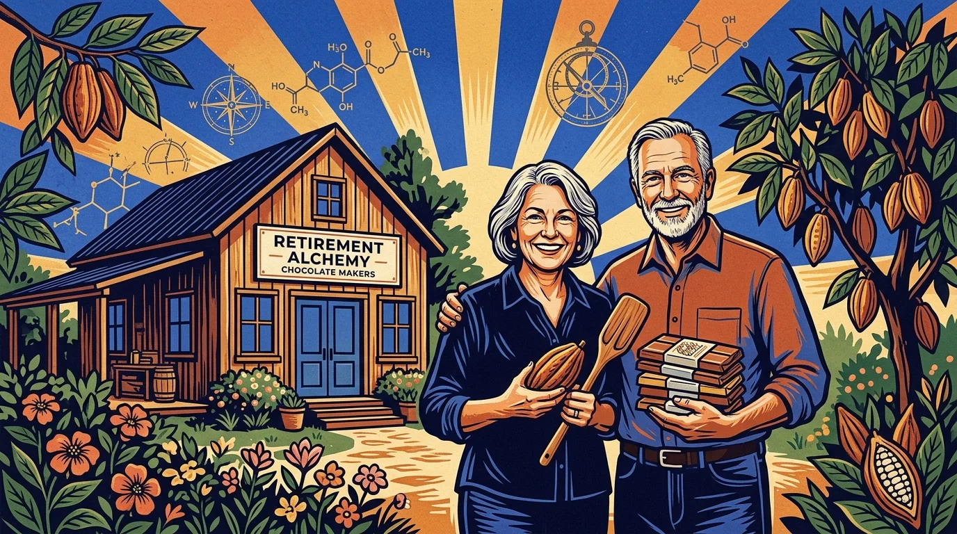 Illustration of an older couple holding a cacao pod and chocolate bars outside a shop labeled Retirement Alchemy.