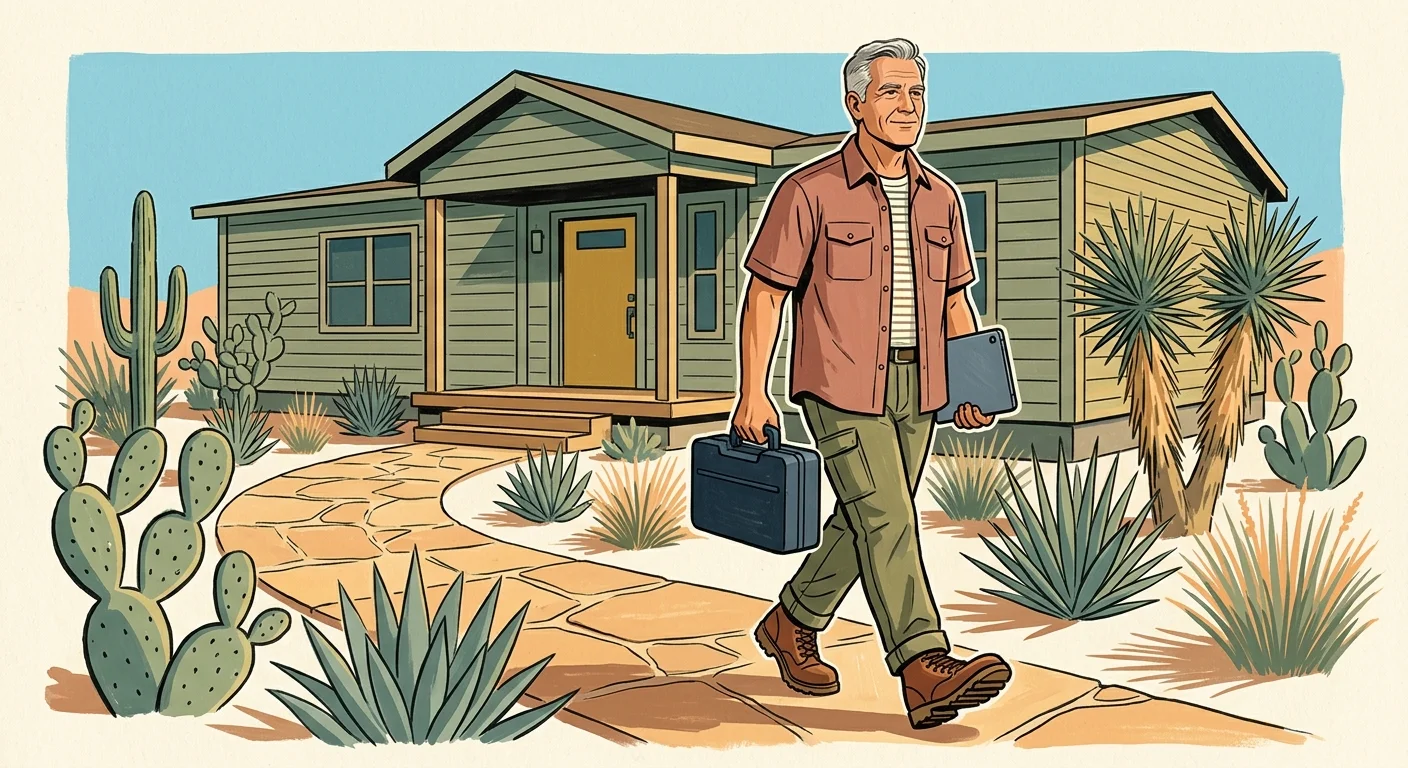 Illustration of an older man carrying a case and tablet, walking down a stone path away from a desert home.