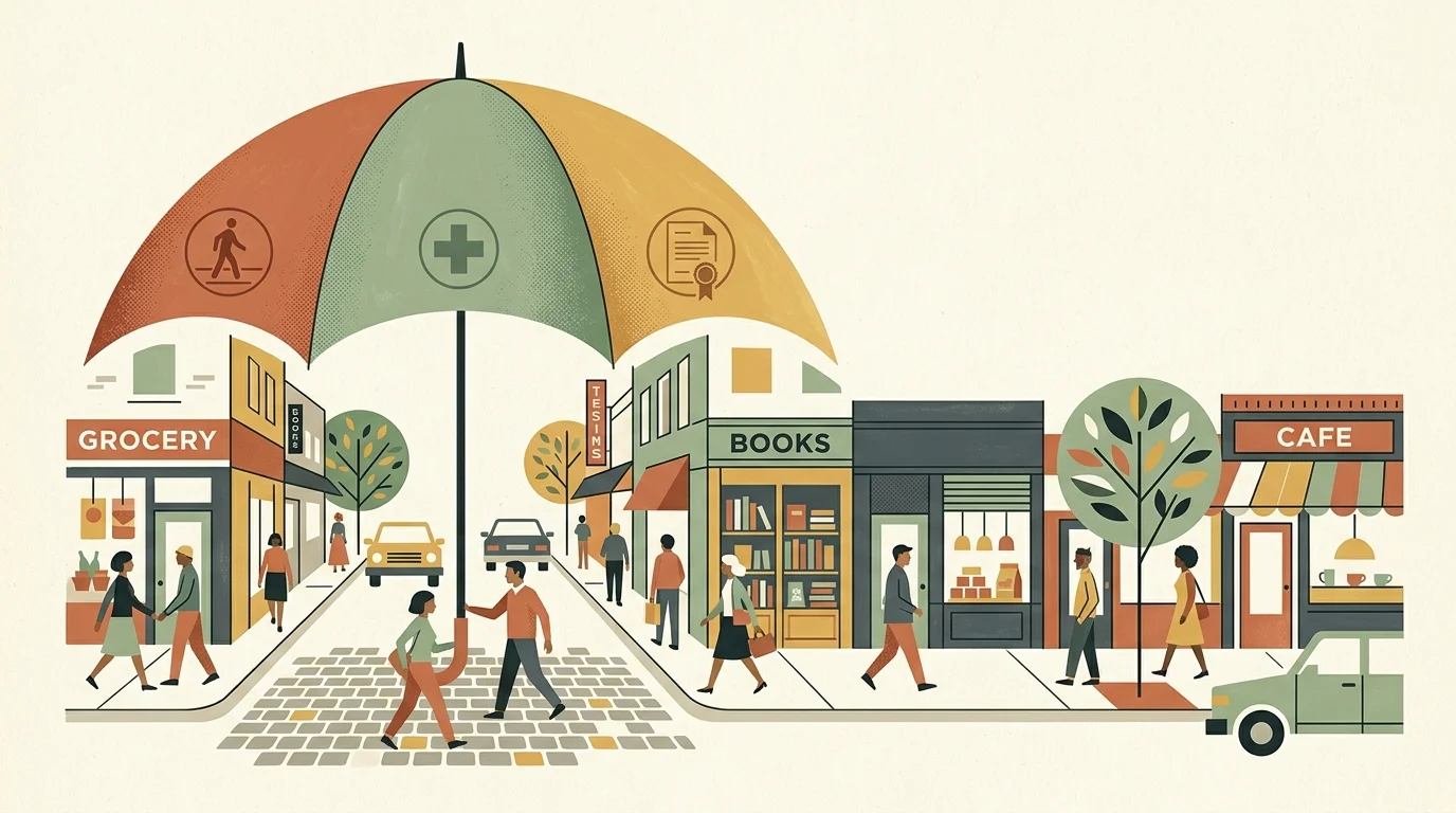 Illustration of pedestrians walking past shops on a city street sheltered beneath a large umbrella bearing safety icons.