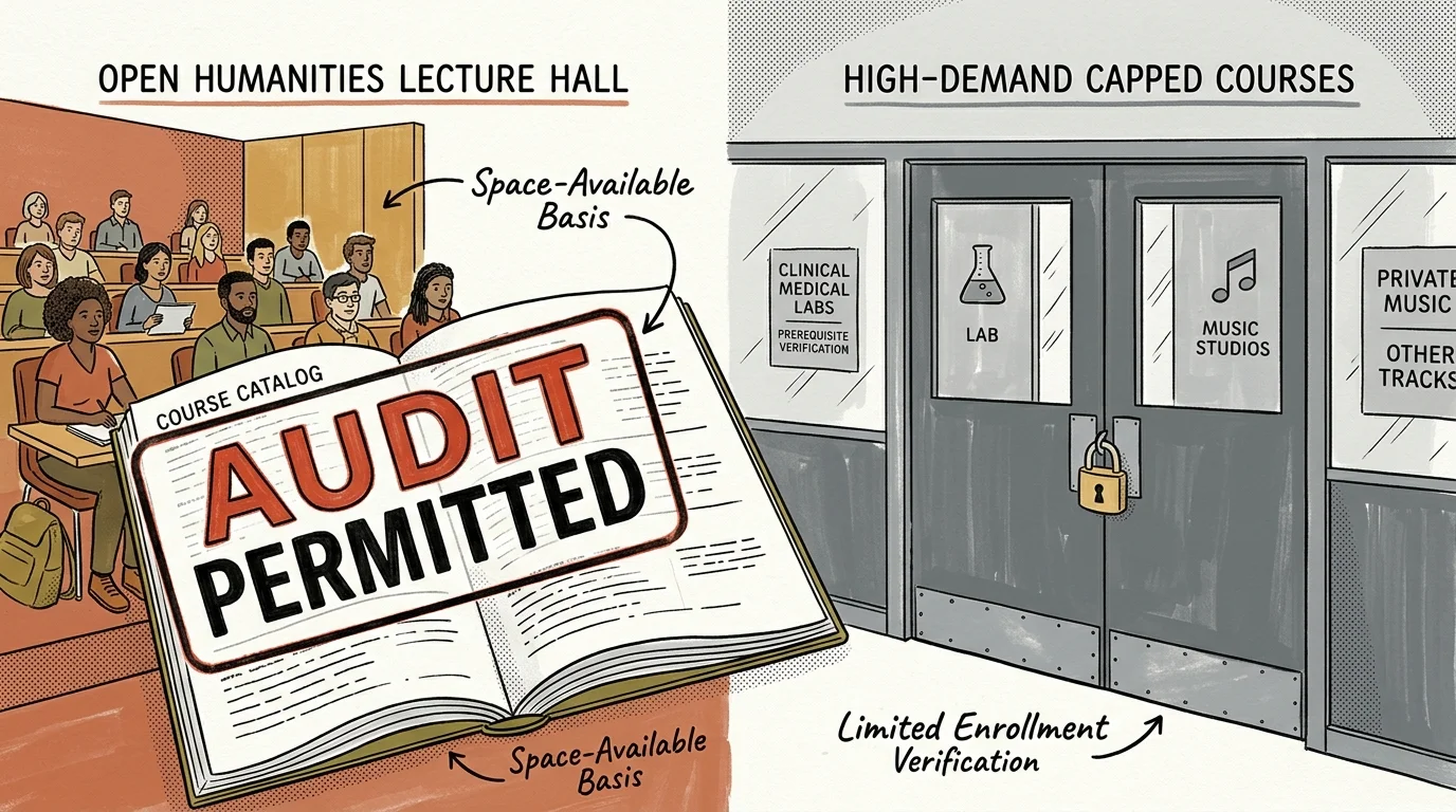 Split illustration showing an open lecture hall with an audit-stamped catalog beside padlocked doors to clinical labs.