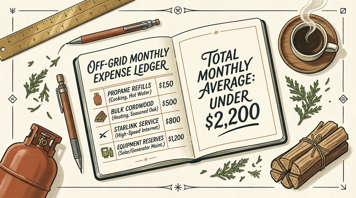 An open notebook displaying an off-grid expense ledger alongside a coffee cup, pencils, firewood, and a propane tank.