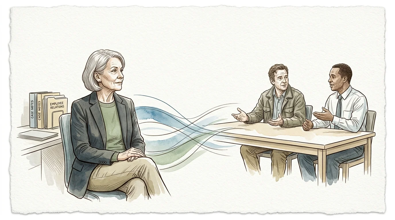 A seated woman beside HR binders connects via flowing lines to two men talking across a wooden table.