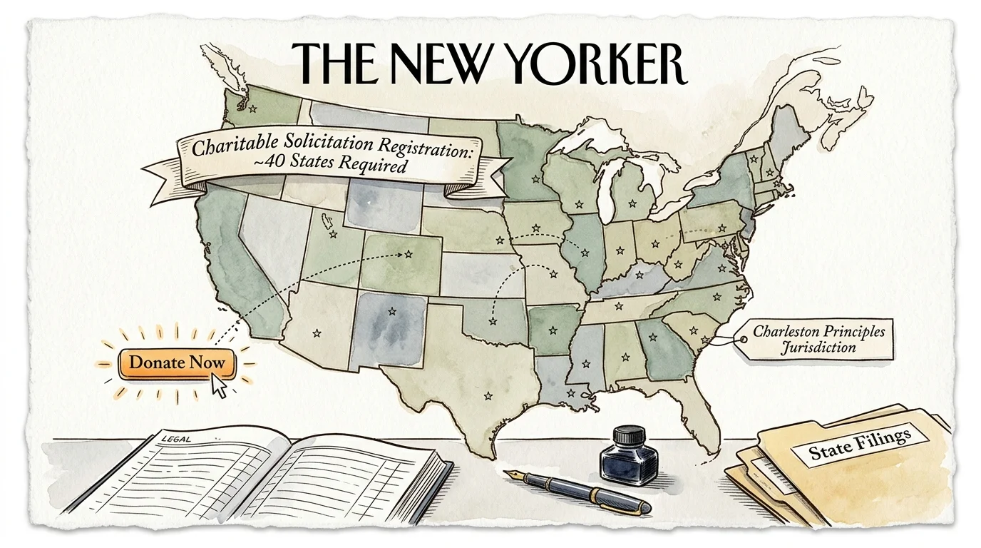 Illustration of a US map with legal ledgers, a Donate Now button, and charitable solicitation registration banners.