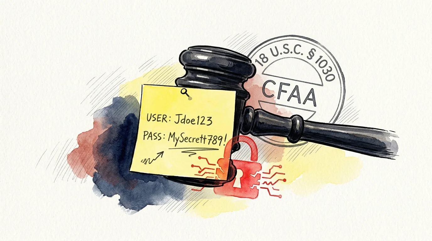 Illustration of a legal gavel pinned with a yellow password note, next to a CFAA 18 U.S.C. § 1030 stamp and padlock.