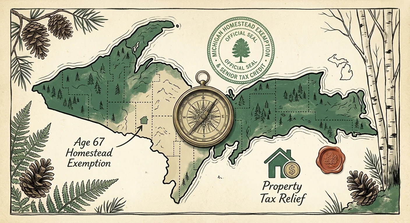 Illustrated map of Michigan's Upper Peninsula featuring a brass compass, stamps, pinecones, birch trees, and text labels.