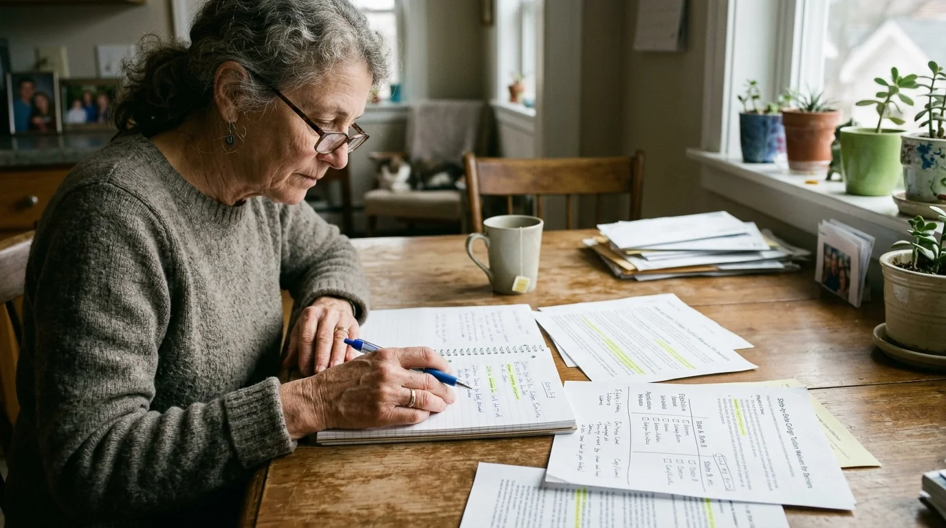 A woman with glasses sits at a wooden table writing in a notebook near printed documents, mail, and potted plants.