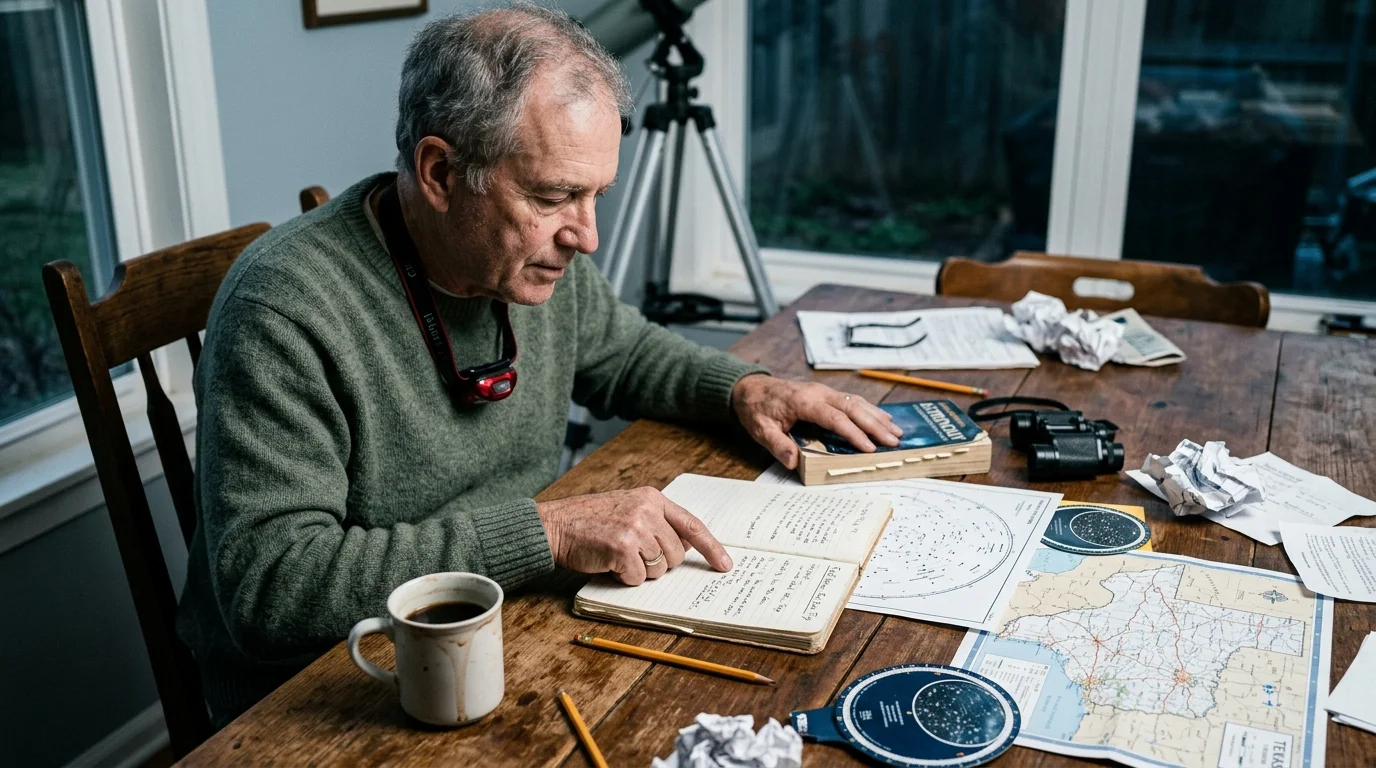 A senior man at a wooden table reviewing star charts, a notebook, and maps, with a telescope visible behind him.