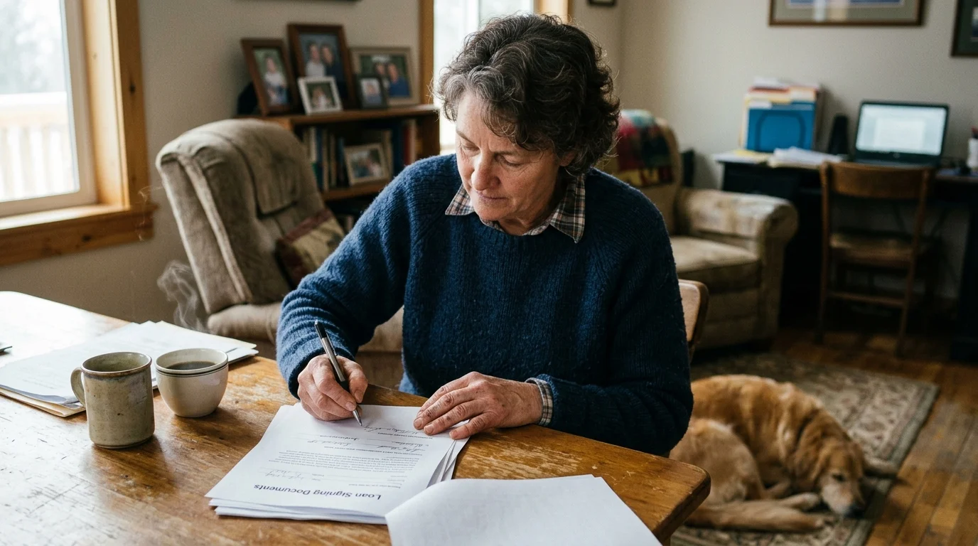A woman sitting at a wooden table signing loan documents beside a steaming mug, with a dog lying on the rug nearby.