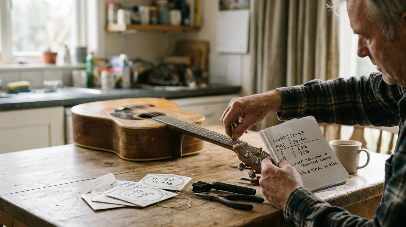 A man restringing an acoustic guitar at a wooden table while holding a notebook listing string tension notes.