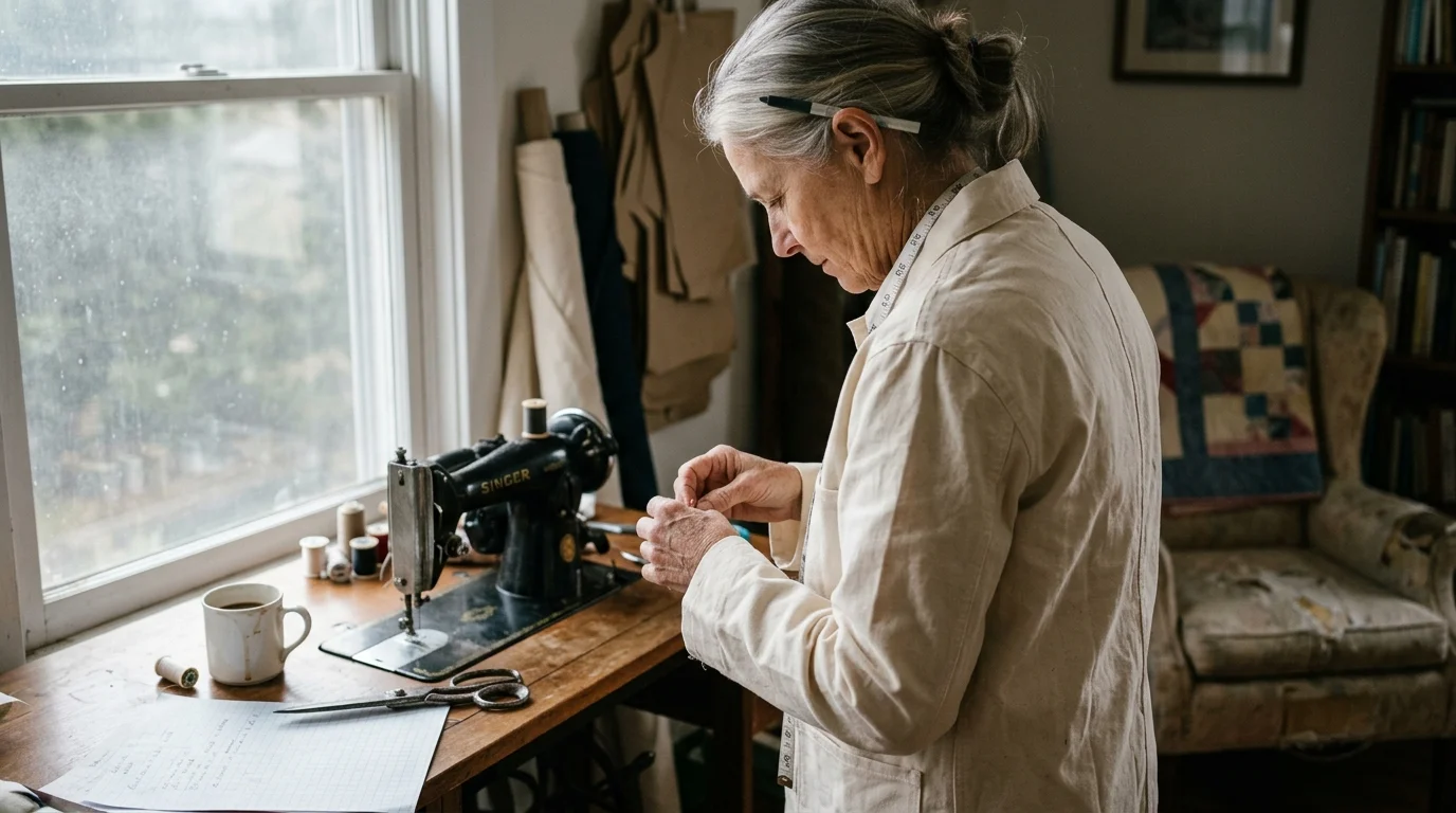 Side view of an older woman in a canvas work coat standing by a vintage Singer sewing machine near a window.