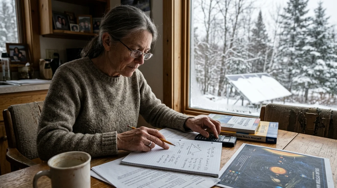 A woman calculates notes at a table beside a window overlooking a snowy yard with a ground-mounted solar panel.