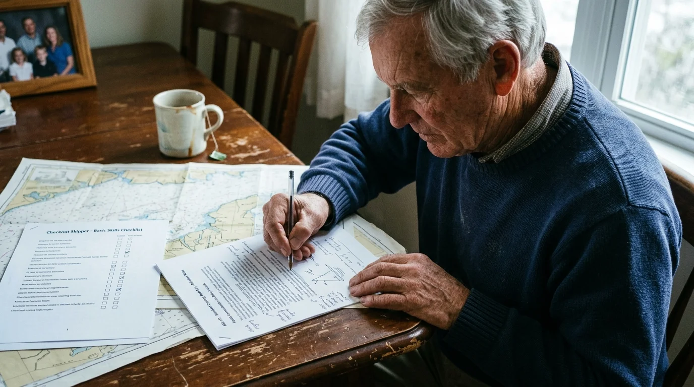 An older man writes on review papers over nautical charts at a wooden desk with a mug nearby.