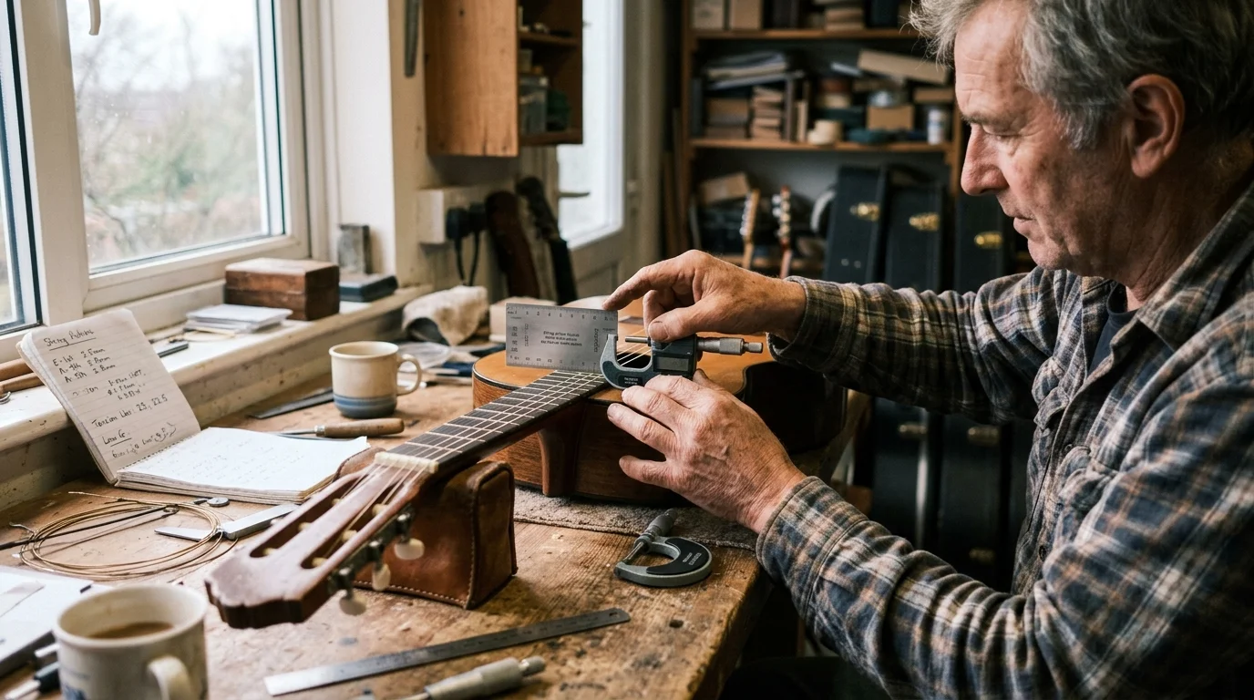 A luthier in a workshop using a digital caliper and ruler gauge to measure acoustic guitar fretboard action.