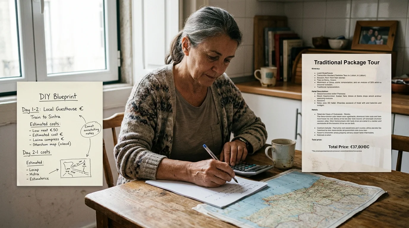 A woman calculates travel expenses at a wooden table with a map, alongside comparison notes for DIY and package tours.