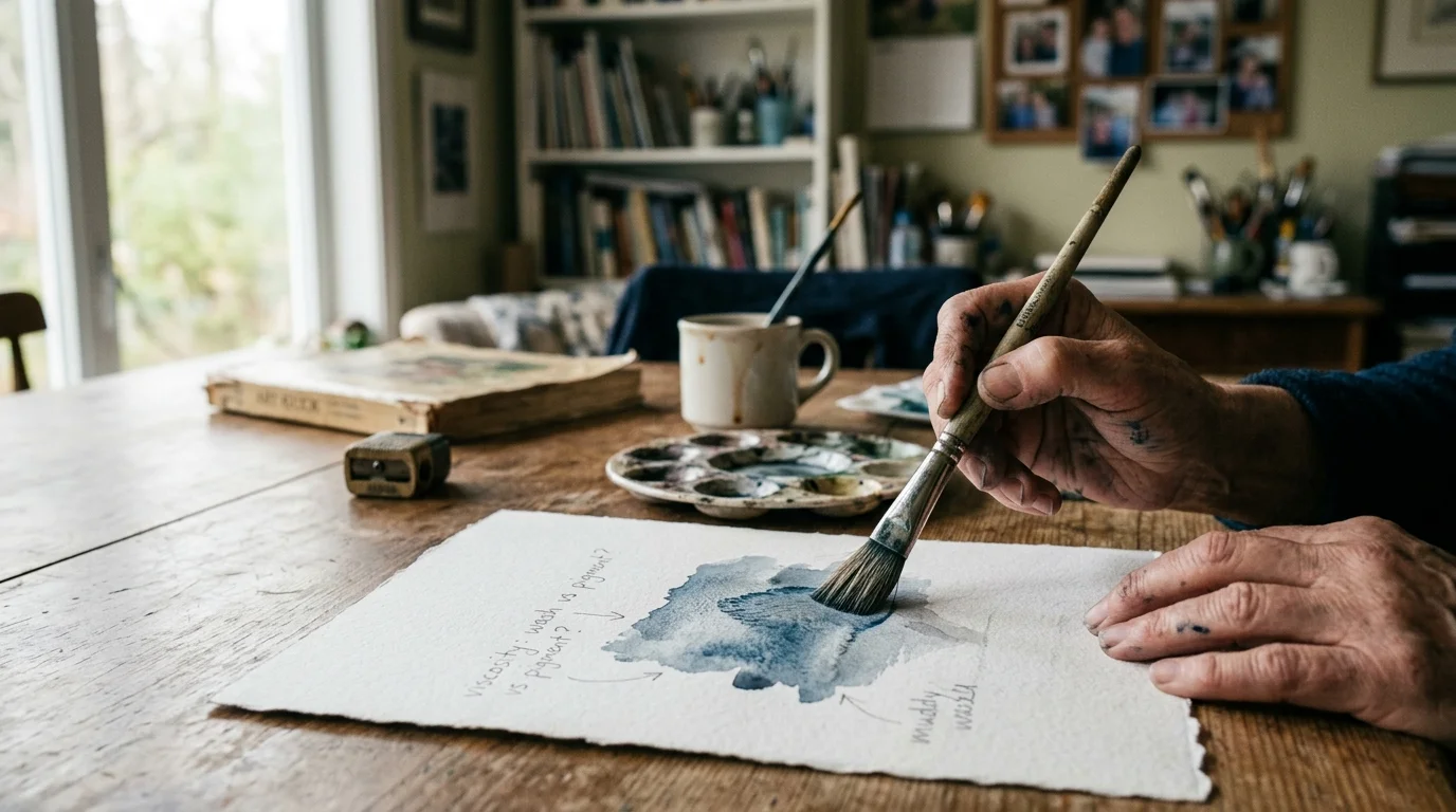 A person's hands painting a blue watercolor wash on textured paper with a flat brush on a wooden table.