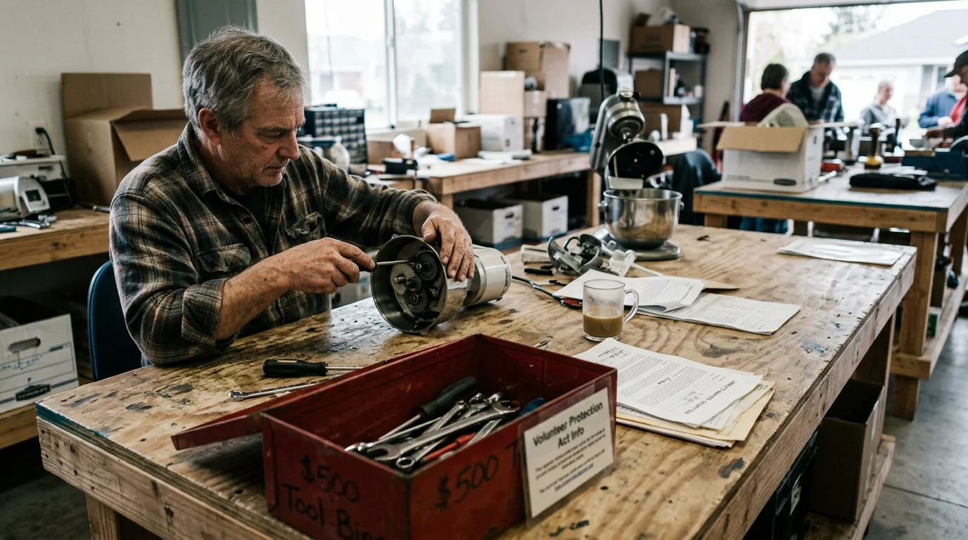 A man repairs a metal appliance component at a wooden workbench filled with tools and paperwork inside a workshop.