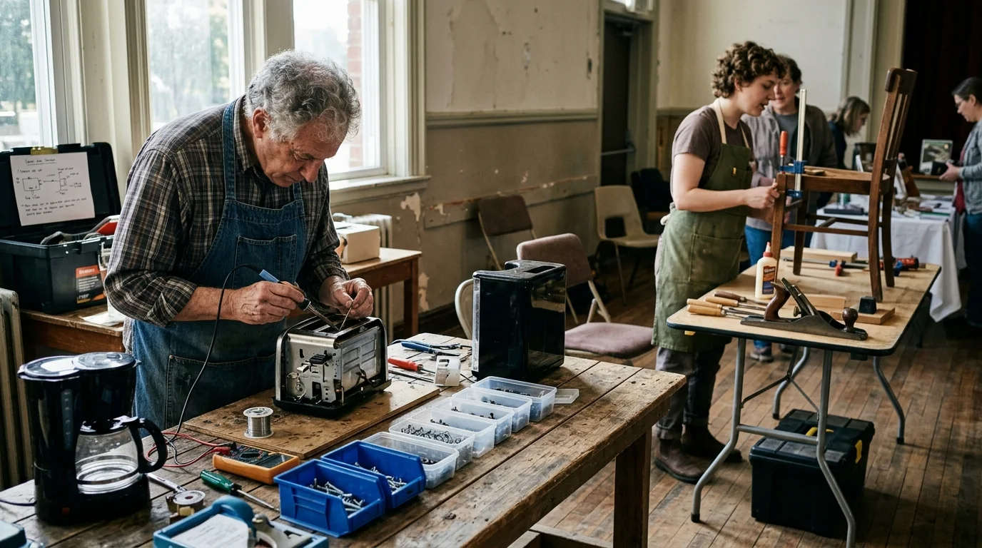 People working at repair workbenches fixing a toaster and a wooden chair in a community workshop room.