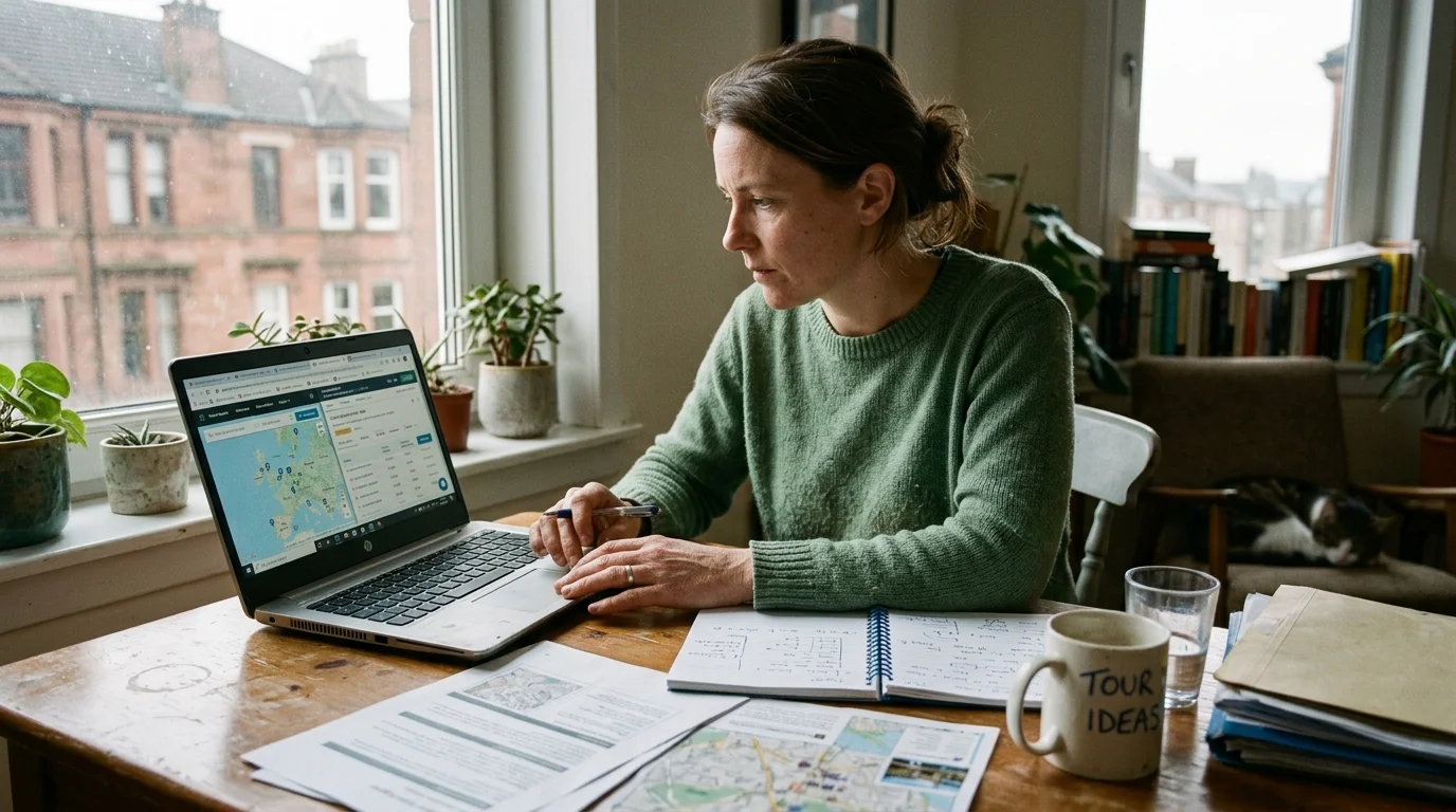 A woman sits at a wooden desk working on a laptop surrounded by paperwork, maps, and a coffee mug.