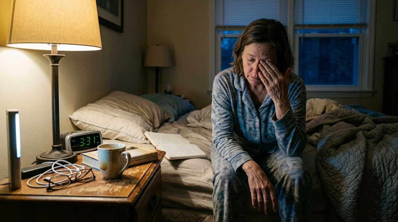 A tired woman in pajamas sits on the edge of her bed rubbing her face next to a nightstand clock reading 3:31.