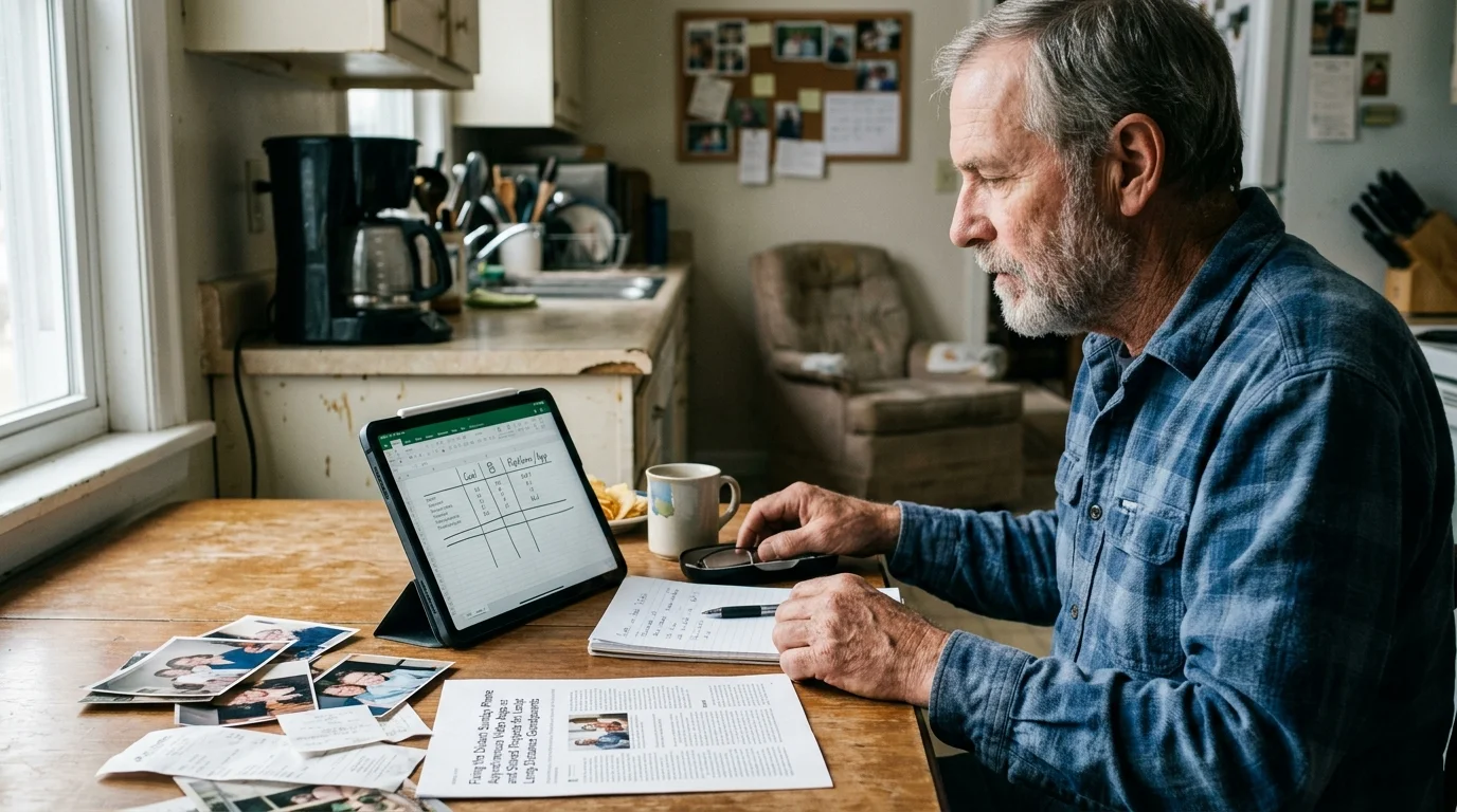 An older man sits at a kitchen table with family photos, papers, and a tablet displaying a spreadsheet.