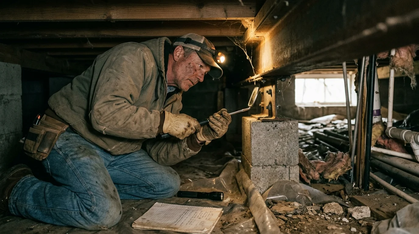 A man wearing a headlamp kneels in a crawl space holding an inspection mirror near concrete piers and a steel beam.