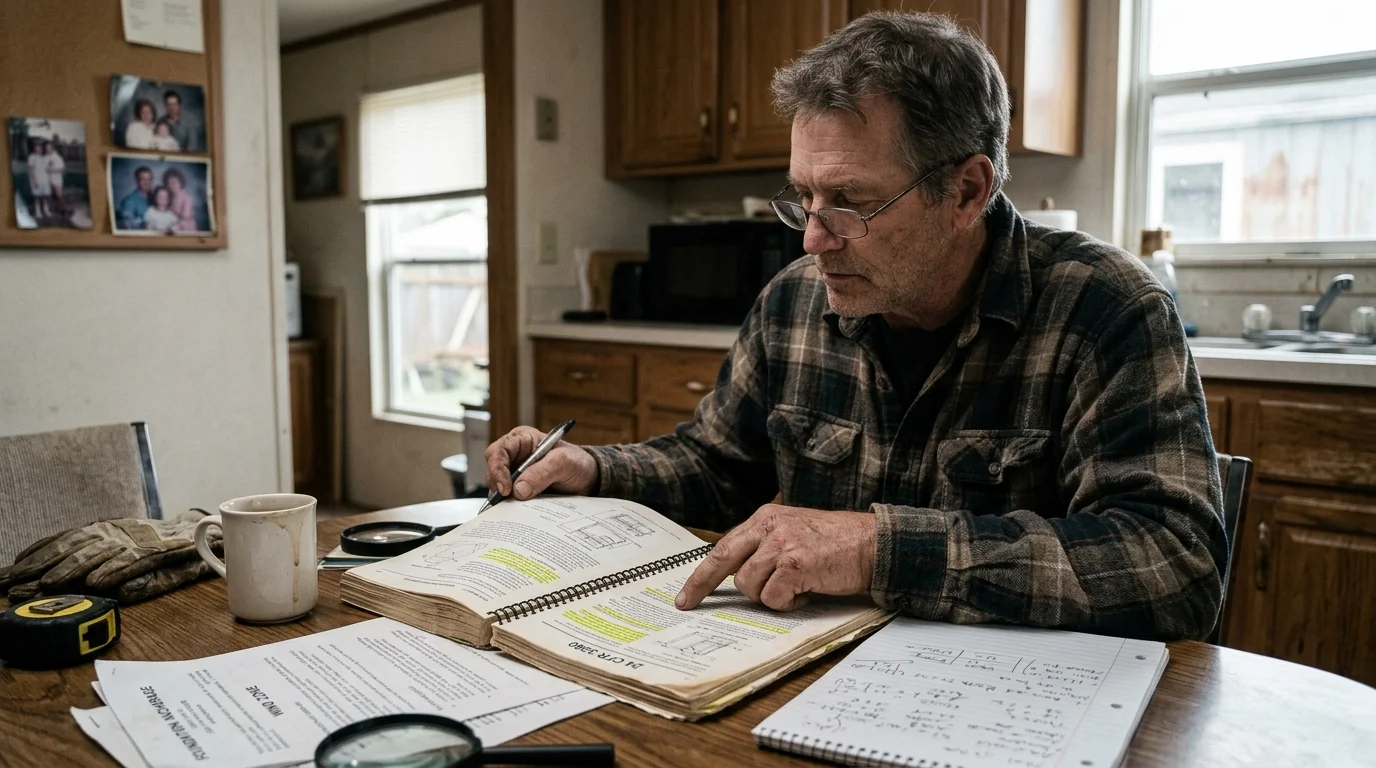 A man in glasses reviews an open manual labeled 24 CFR 3280 at a table with handwritten notes and a tape measure.