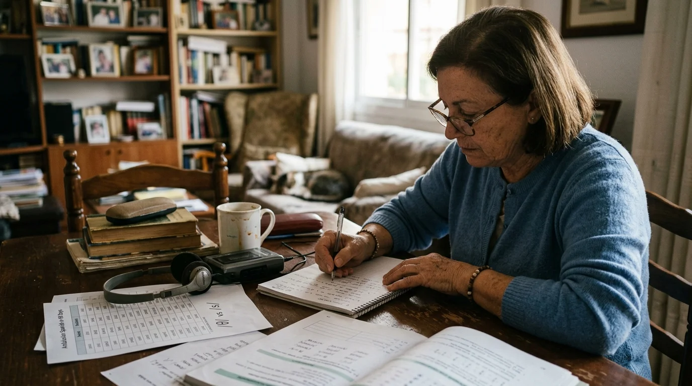 An older woman wearing glasses writes in a notebook at a wooden table surrounded by study papers and headphones.