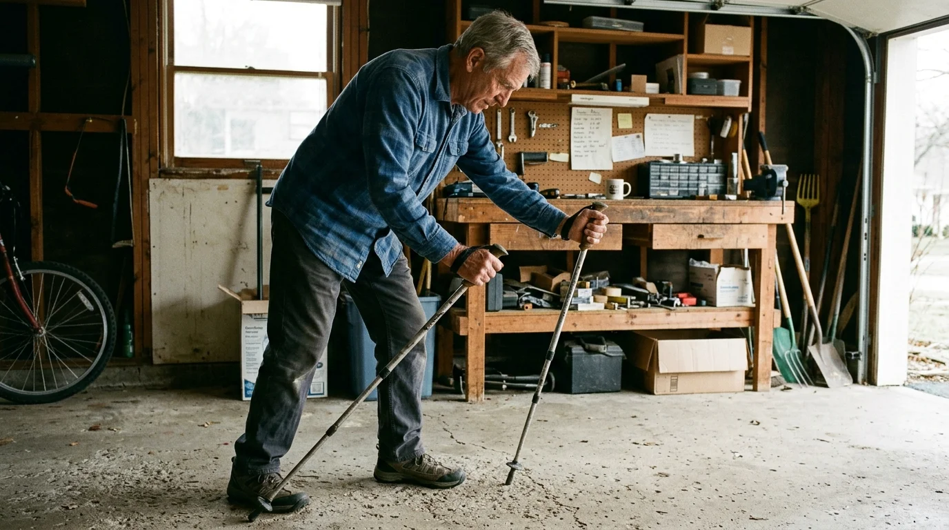 An older man leans forward while holding two trekking poles on a concrete floor inside a workshop garage.