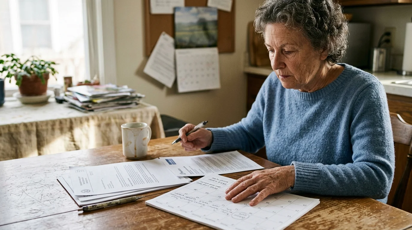 Older woman in a blue sweater sitting at a wooden kitchen table reviewing papers and writing on a printed calendar.