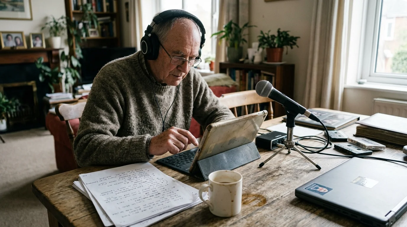 An older man wearing headphones operates a tablet on a wooden table with a microphone, papers, and coffee.