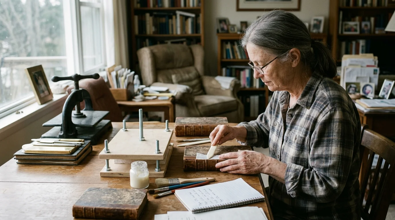 Woman repairing an antique book with a bone folder next to a handmade wooden press and cast-iron press.
