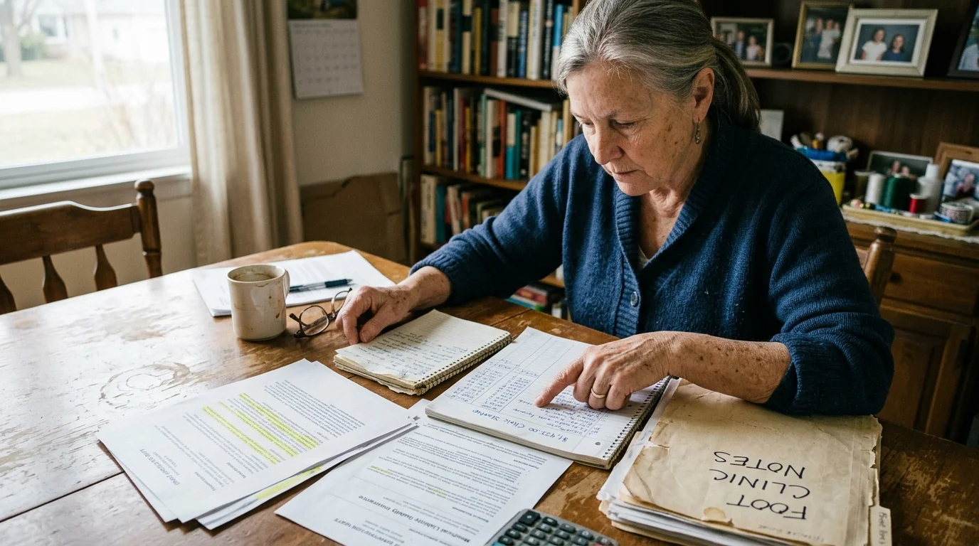 A senior woman reviews paperwork, notebooks, and budget sheets at a wooden dining table in front of a bookshelf.
