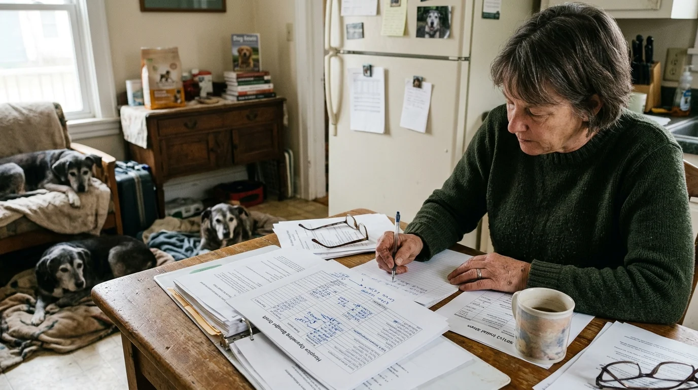 A woman writes in a notebook at a table covered in budget documents, while three older dogs rest in the background.