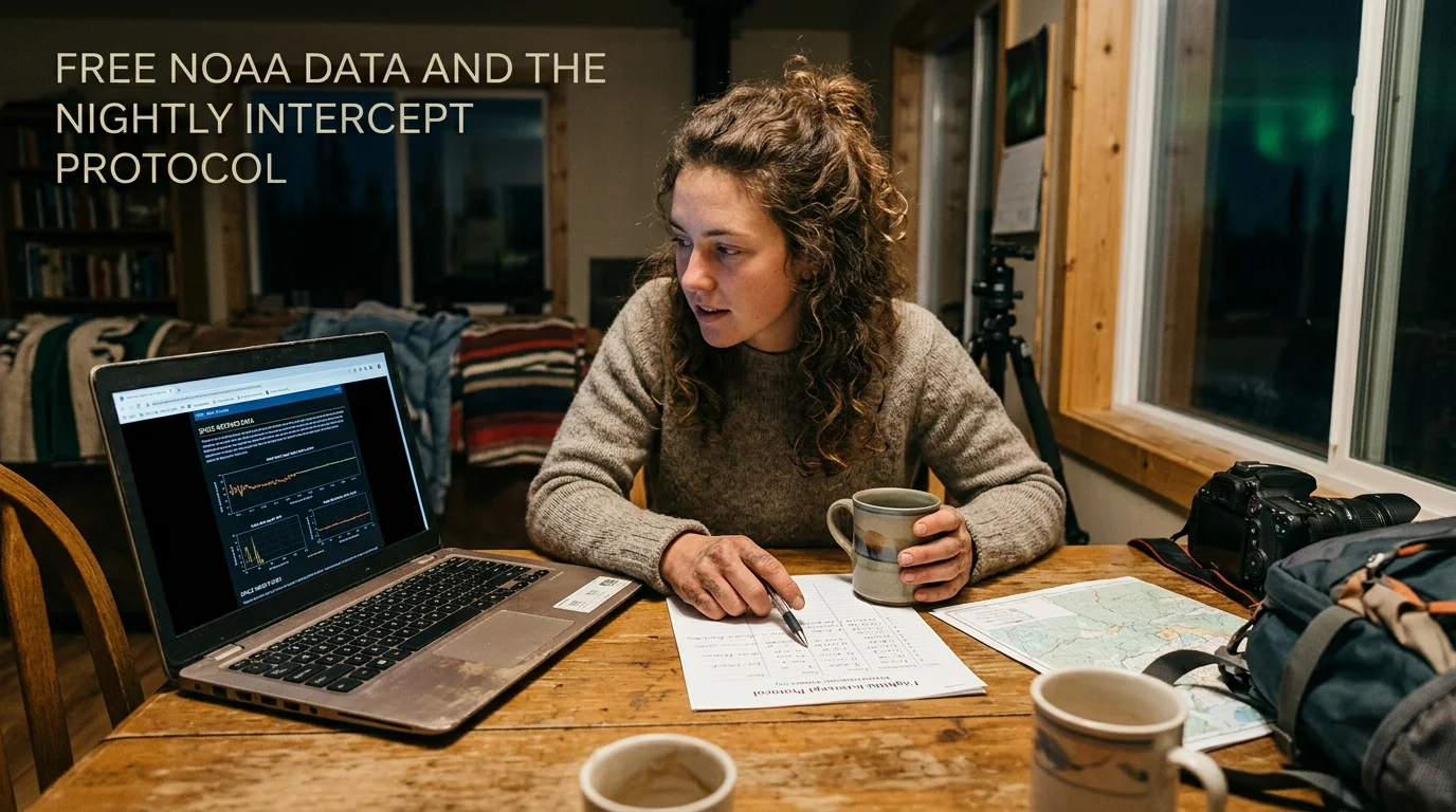 A woman sits at a wooden table with a laptop displaying graphs, notes, maps, and a mug indoors.