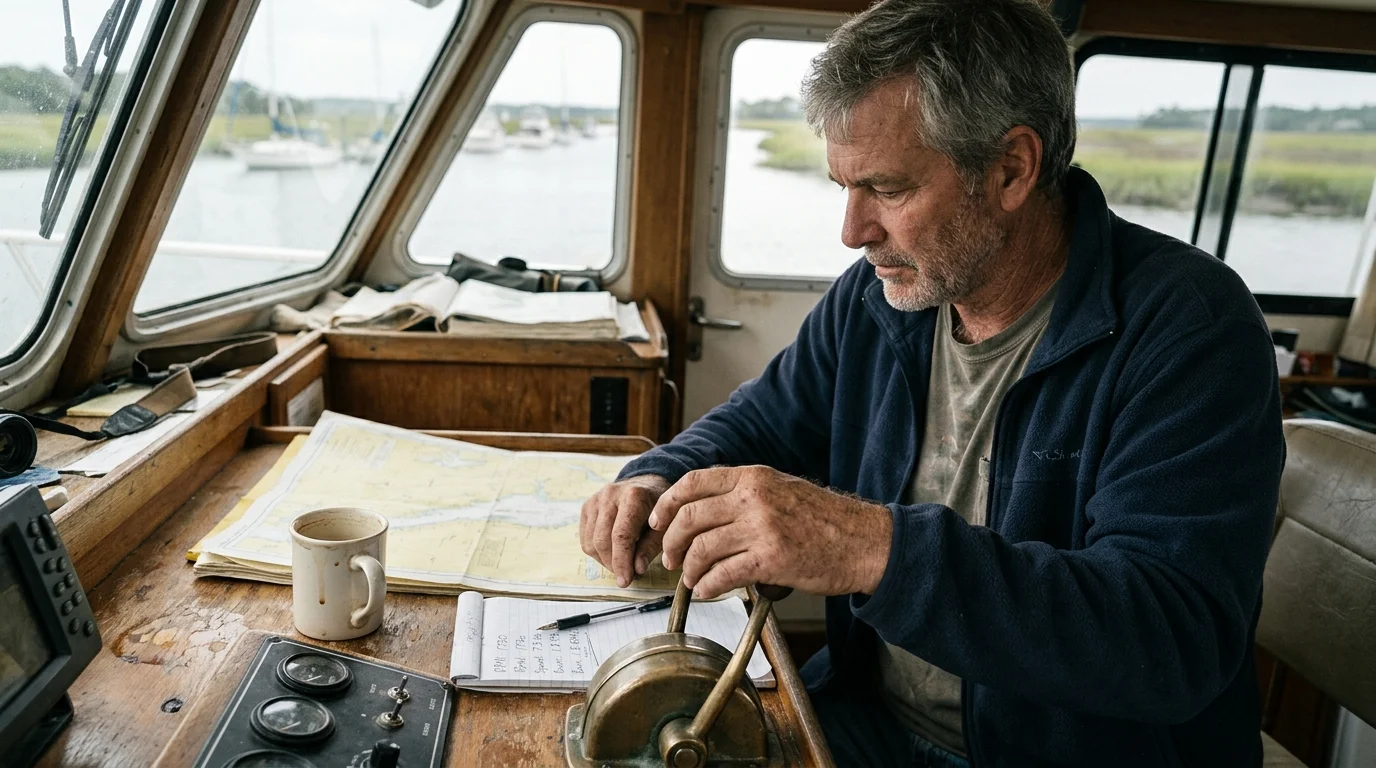 A man steers a boat at the helm station, adjusting the throttle beside a paper navigational chart, notepad, and coffee mug.