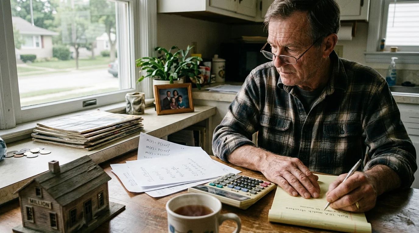 Older man wearing glasses writes on a yellow notepad at a kitchen table with papers, a calculator, and a model house.