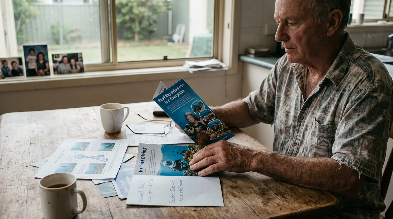An older man sits at a wooden kitchen table reviewing travel brochures about reef experiences and helmet diving.