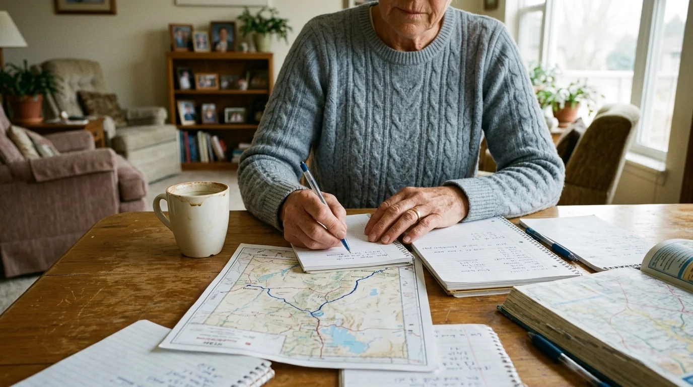 A person sitting at a wooden table writes in a notepad surrounded by road maps, notebooks, and a coffee mug.
