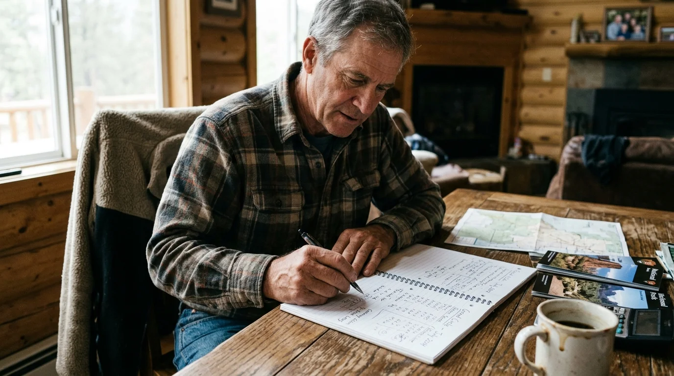 A man sitting at a wooden table in a log cabin, writing in a spiral notebook beside park brochures and a coffee mug.