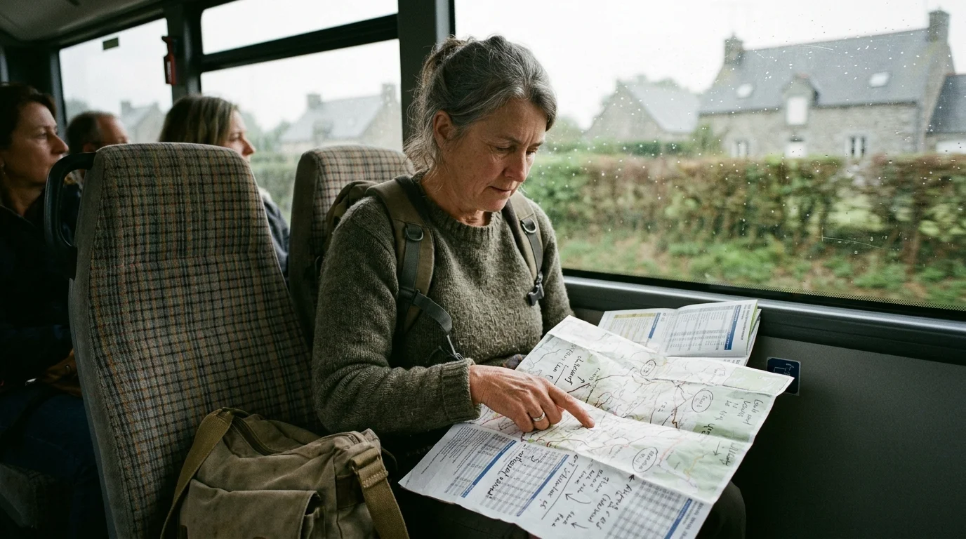 A woman sitting inside a bus reviews an open paper map next to a rain-streaked window.