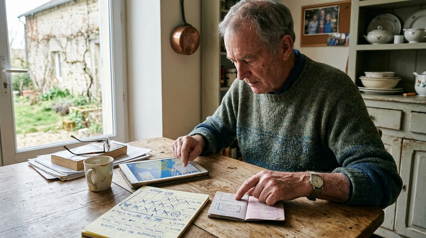 Senior man sitting at a rustic table, pointing at an open passport next to a calendar pad and a tablet computer.
