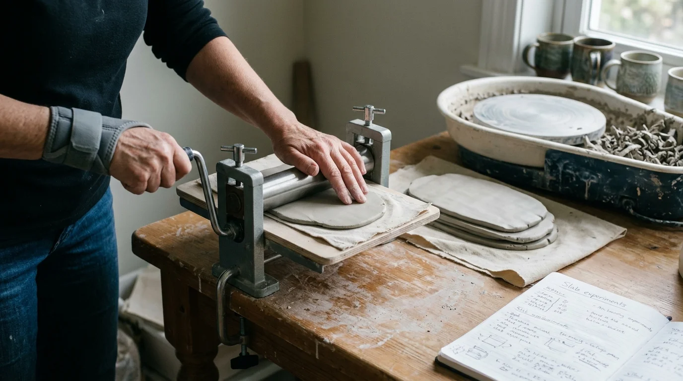 Person wearing a wrist brace turning the crank of a manual tabletop slab roller to flatten clay on a wooden workbench.