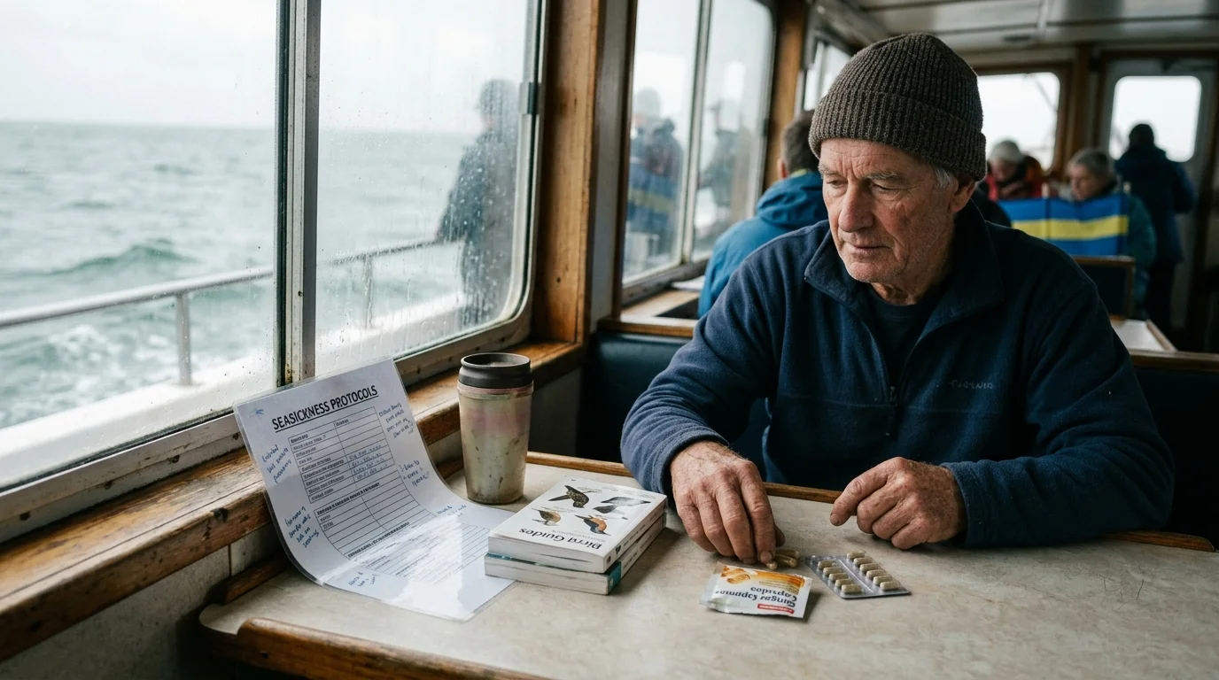 An older man in a knit beanie sits at a boat cabin table with pill blister packs, field guides, and a protocol sheet.