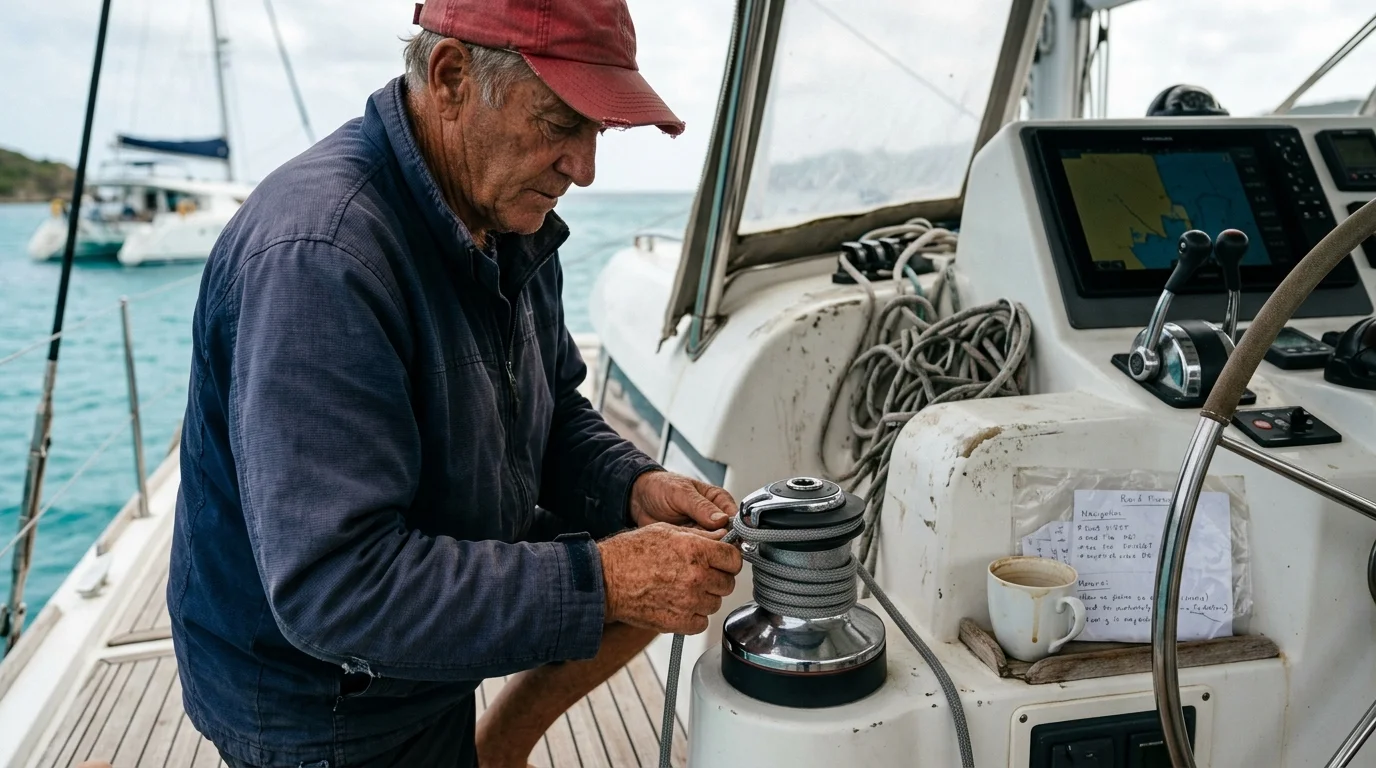 A man in a red cap adjusts a grey line wrapped around a deck winch beside a sailboat helm station.