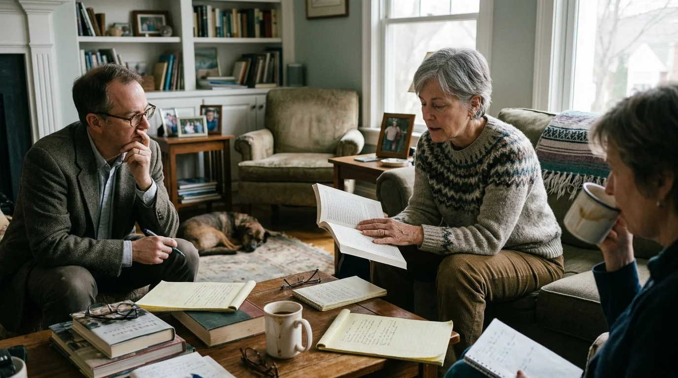 Three adults sit in a cozy living room around a coffee table covered with open books, notepads, and coffee mugs.