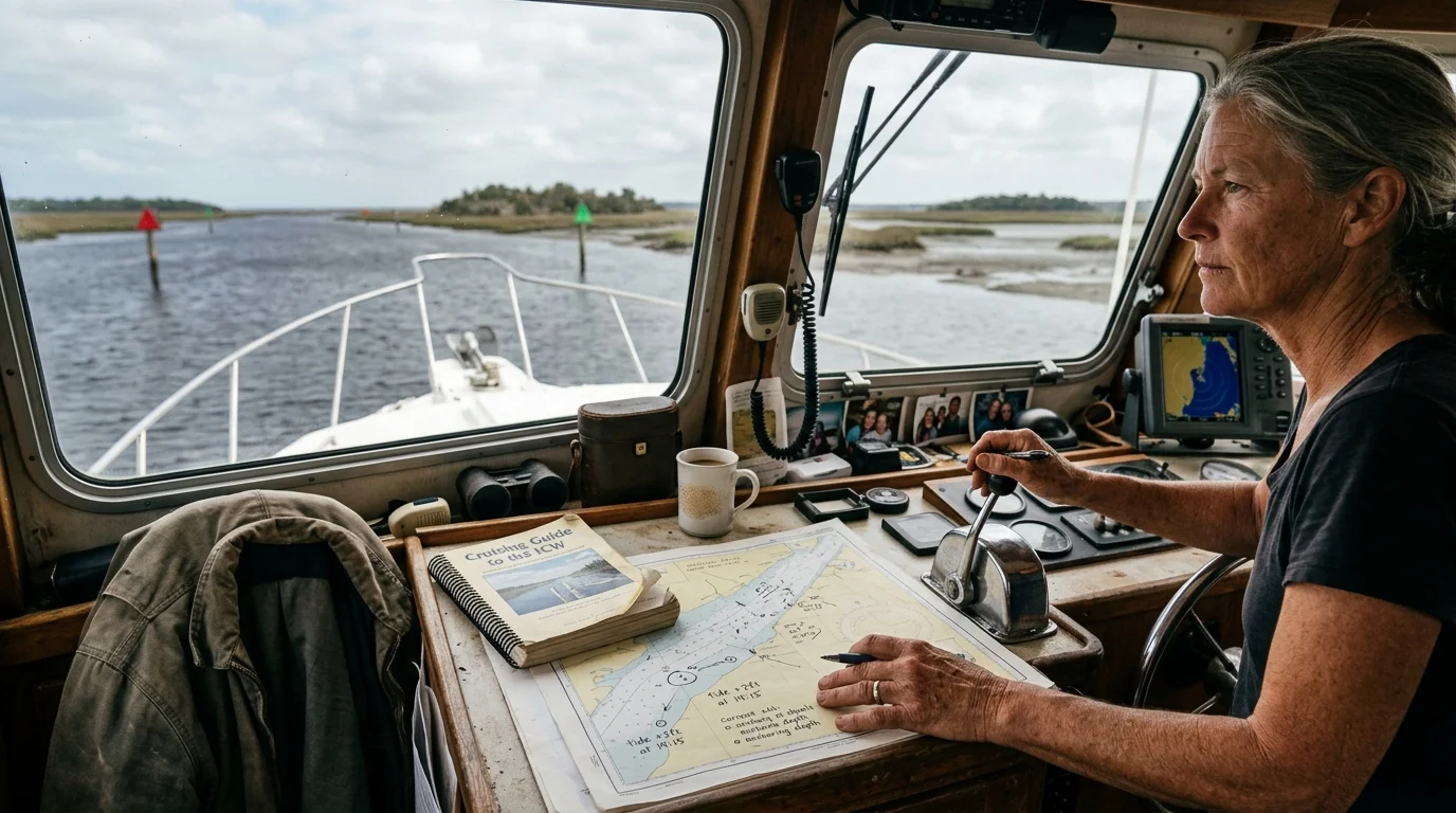 A woman navigates a boat from the helm station, reviewing a paper nautical chart with navigation markers visible ahead.