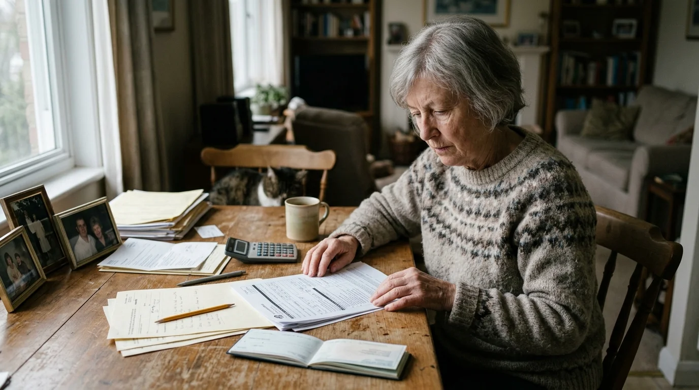An older woman sits at a wooden table reviewing paperwork, with a calculator, mug, and framed photos nearby.