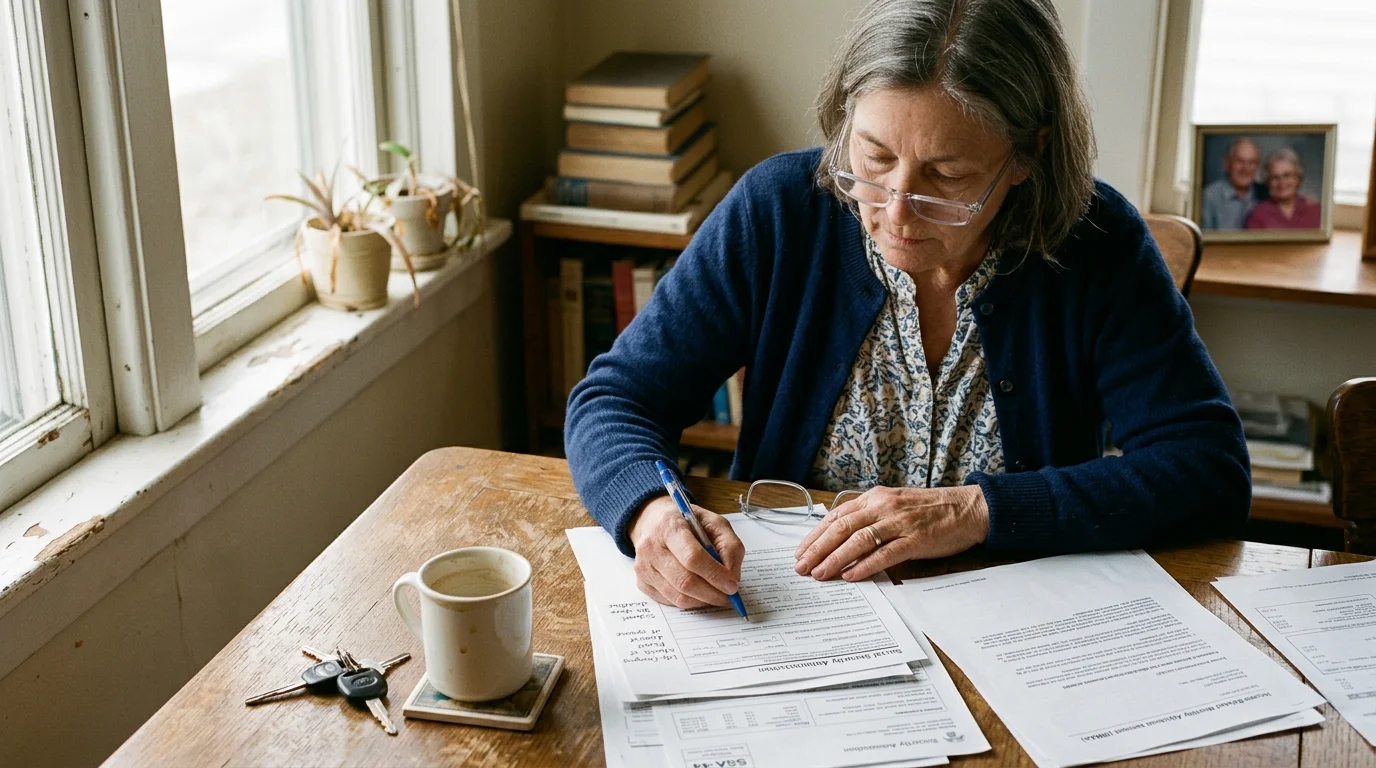 A woman sitting at a wooden table filling out paperwork next to a coffee mug, keys, and an extra pair of glasses.